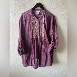 Ulla Popken Plum Button Cotton Blouse Lace Embroidered XL Relaxed Artsy Fairy